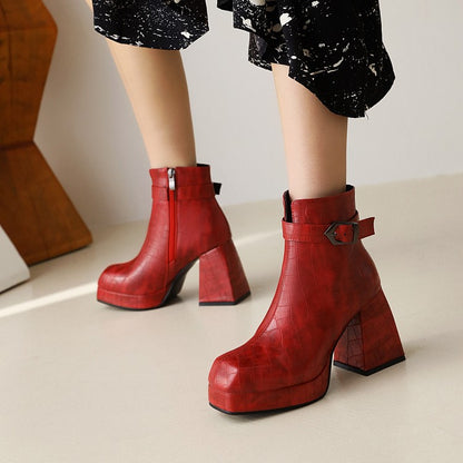 Ladies Pattern Pu Leather Square Toe Buckles Belts Block Heel Platform Short Boots