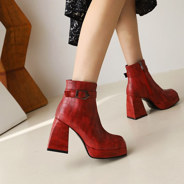 Ladies Pattern Pu Leather Square Toe Buckles Belts Block Heel Platform Short Boots