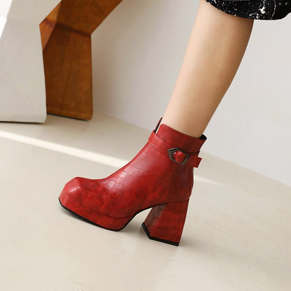 Ladies Pattern Pu Leather Square Toe Buckles Belts Block Heel Platform Short Boots