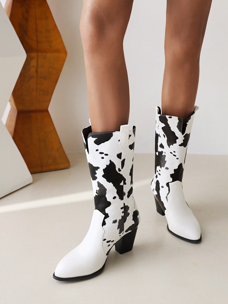 Pu Leather Pointed Toe Cow Block Chunky Heel Mid Calf Boots for Women