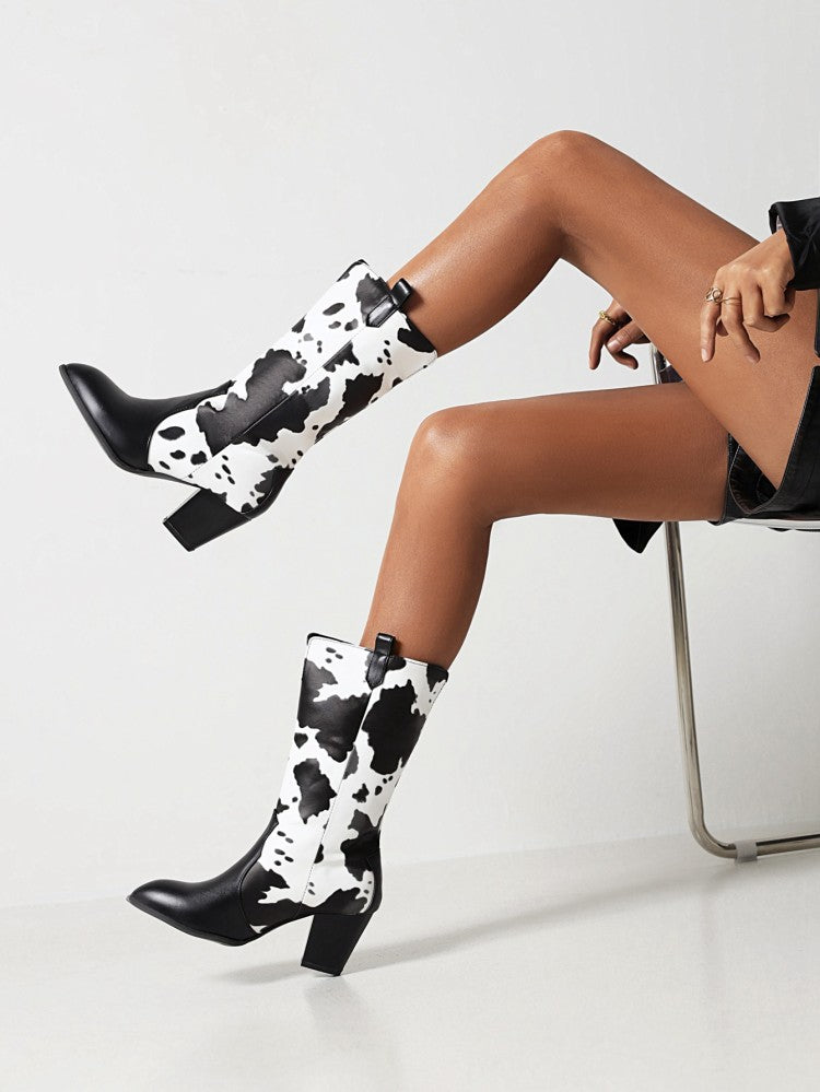 Pu Leather Pointed Toe Cow Block Chunky Heel Mid Calf Boots for Women