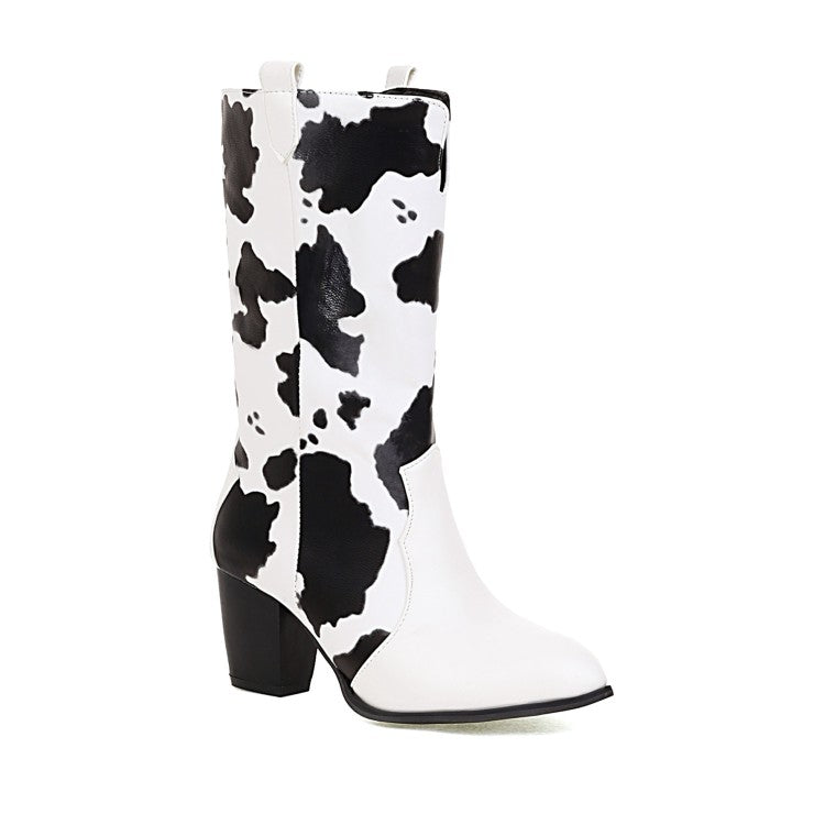 Pu Leather Pointed Toe Cow Block Chunky Heel Mid Calf Boots for Women