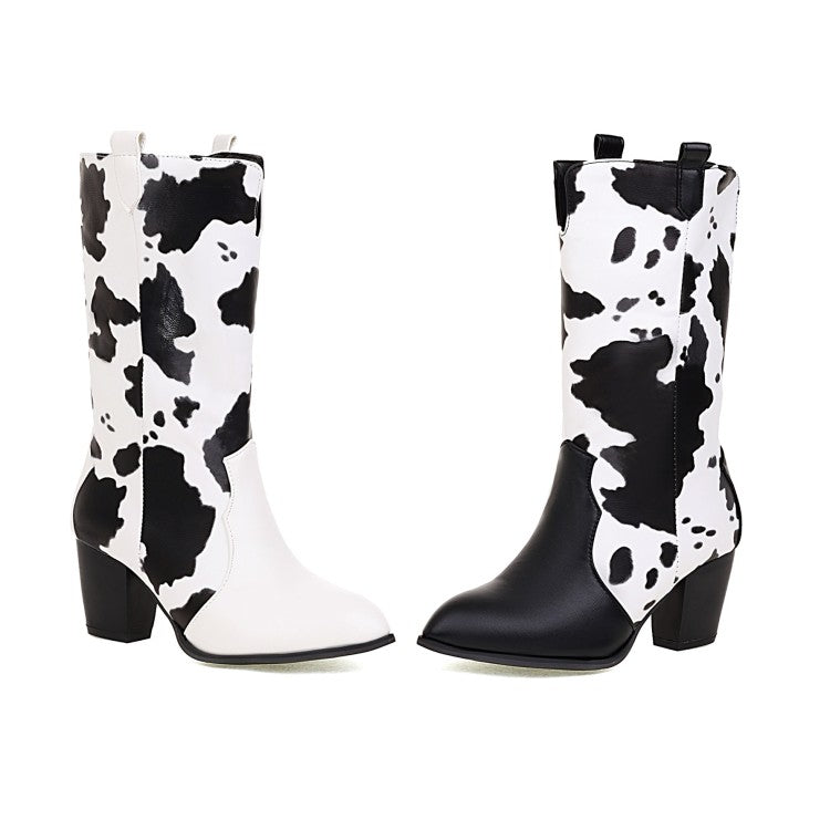 Pu Leather Pointed Toe Cow Block Chunky Heel Mid Calf Boots for Women