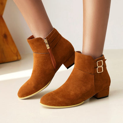 Flock Round Toe Side Zippers Double Buckle Straps Block Chunky Heel Short Boots for Women