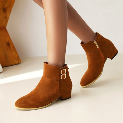 Flock Round Toe Side Zippers Double Buckle Straps Block Chunky Heel Short Boots for Women