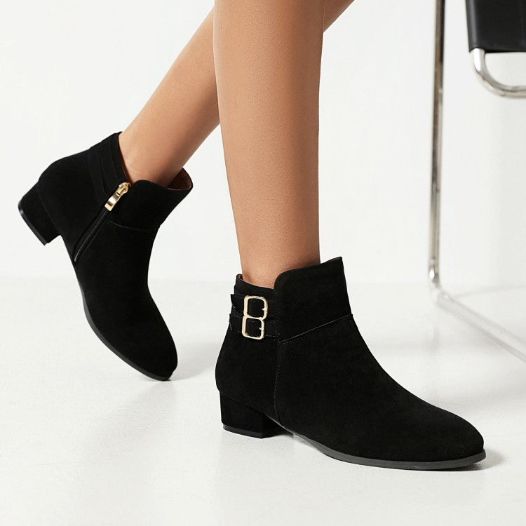 Flock Round Toe Side Zippers Double Buckle Straps Block Chunky Heel Short Boots for Women