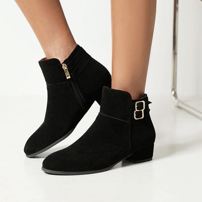 Flock Round Toe Side Zippers Double Buckle Straps Block Chunky Heel Short Boots for Women