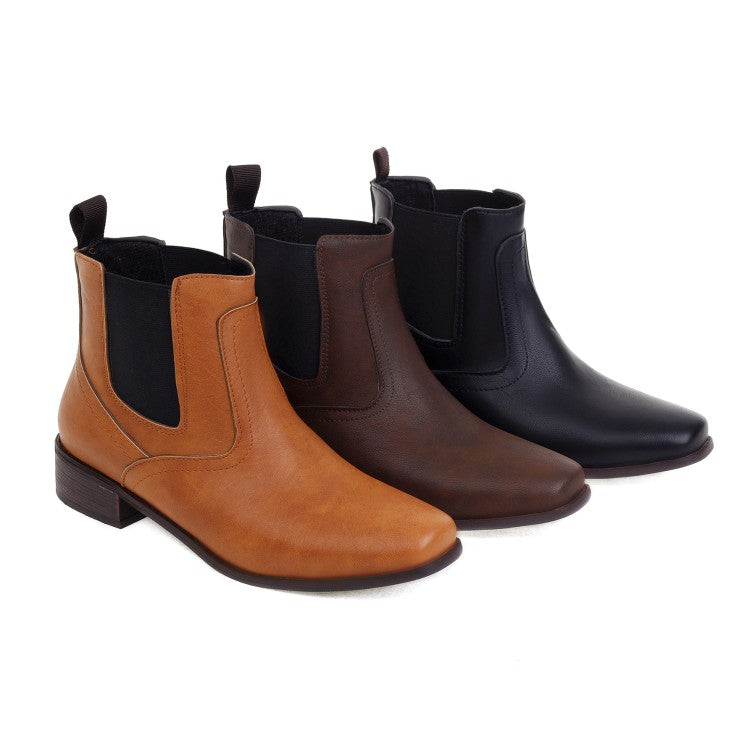 Pu Leather Square Toe Stretch Block Heel Short Boots for Women