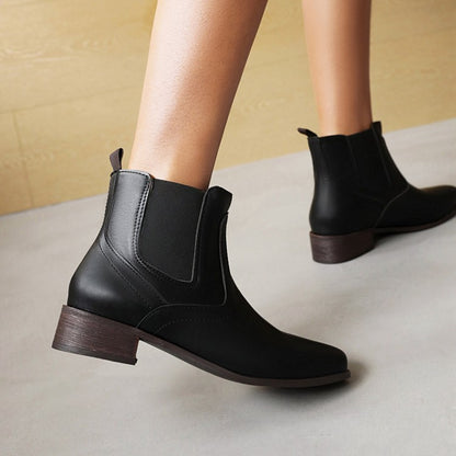 Pu Leather Square Toe Stretch Block Heel Short Boots for Women