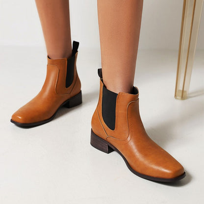 Pu Leather Square Toe Stretch Block Heel Short Boots for Women