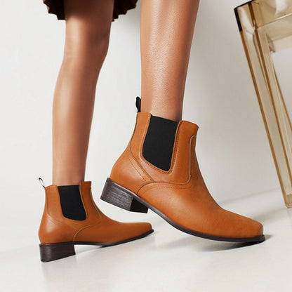 Pu Leather Square Toe Stretch Block Heel Short Boots for Women