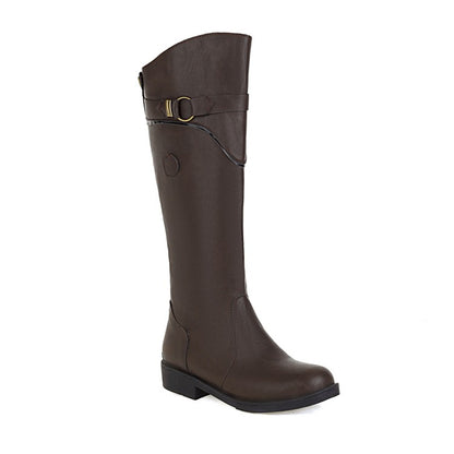 Round Toe Buckle Straps Knee High Boots for Women