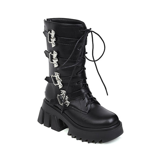 Pu Leather Round Toe Metal Buckle Straps Lace Up Block Chunky Heel Platform Mid-calf Boots for Women