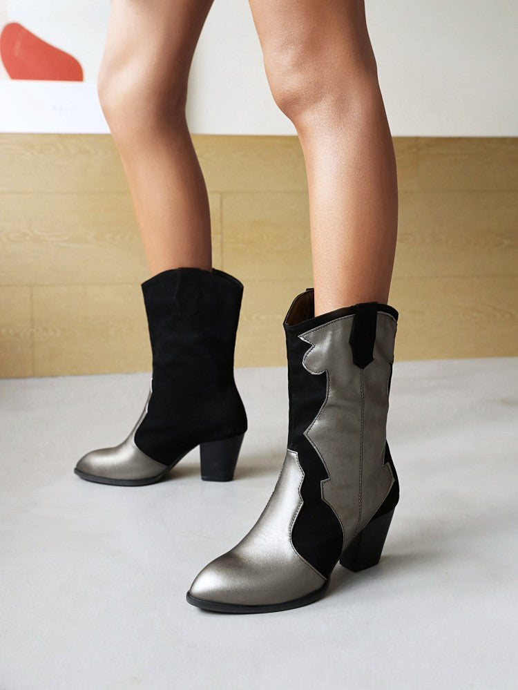 Bicolor Patent Flock Patchwork Block Chunky Heel Mid Calf Boots for Women