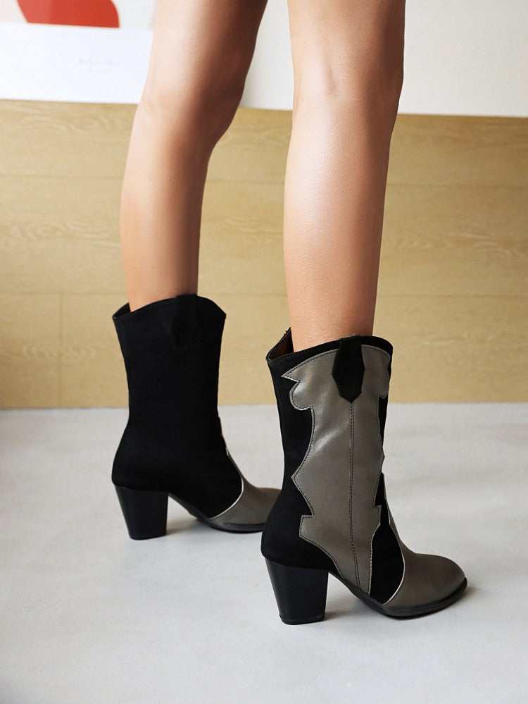 Bicolor Patent Flock Patchwork Block Chunky Heel Mid Calf Boots for Women