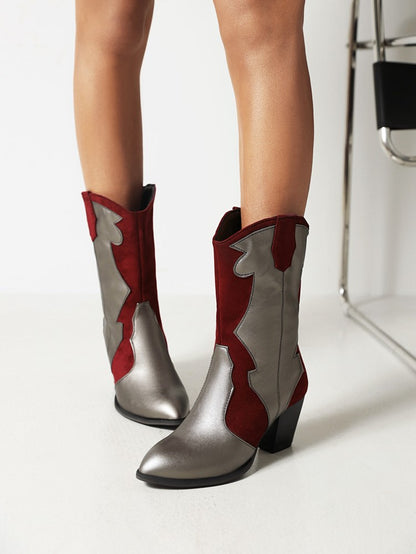 Bicolor Patent Flock Patchwork Block Chunky Heel Mid Calf Boots for Women