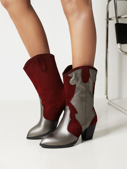 Bicolor Patent Flock Patchwork Block Chunky Heel Mid Calf Boots for Women