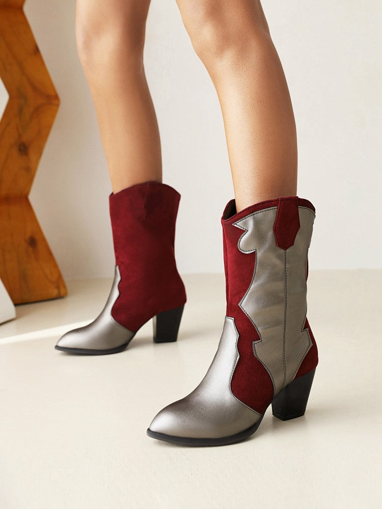 Bicolor Patent Flock Patchwork Block Chunky Heel Mid Calf Boots for Women