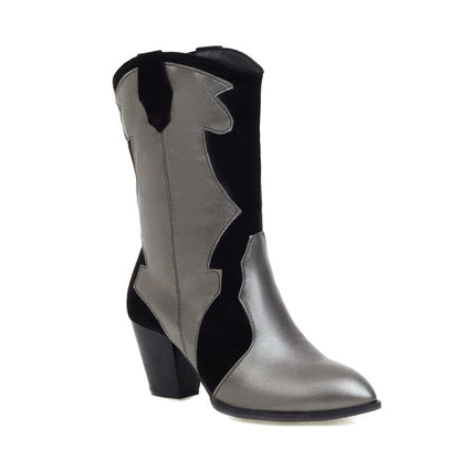 Bicolor Patent Flock Patchwork Block Chunky Heel Mid Calf Boots for Women