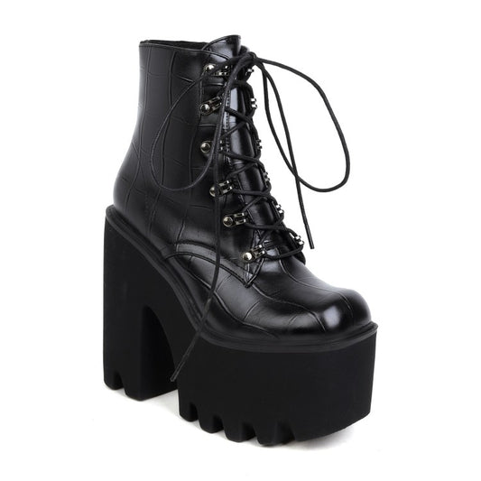 Pu Leather Square Toe Lace Up Block Chunky Heel Platform Ankle Boots for Women