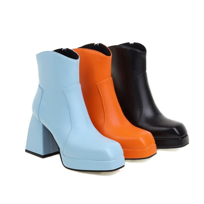 Ladies Pu Leather Stitching Side Zippers Block Heel Platform Short Boots