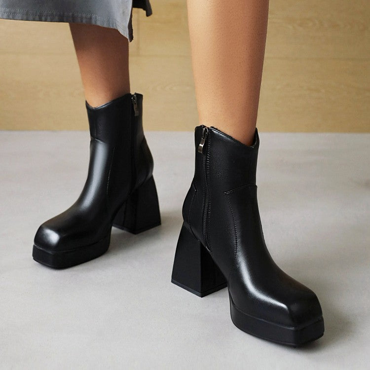 Ladies Pu Leather Stitching Side Zippers Block Heel Platform Short Boots