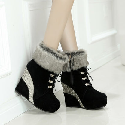 Ladies Flock Sparkling Sequins Wedge Heel Platform Short Boots