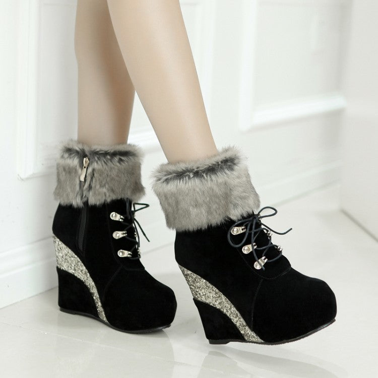 Ladies Flock Sparkling Sequins Wedge Heel Platform Short Boots