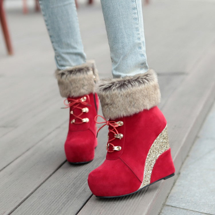 Ladies Flock Sparkling Sequins Wedge Heel Platform Short Boots