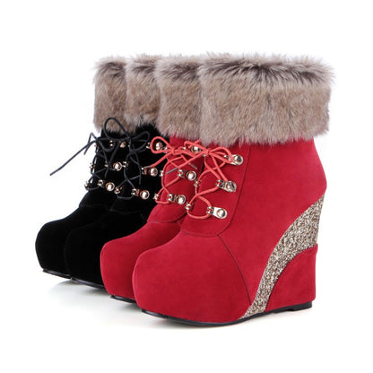 Ladies Flock Sparkling Sequins Wedge Heel Platform Short Boots