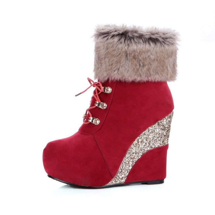 Ladies Flock Sparkling Sequins Wedge Heel Platform Short Boots