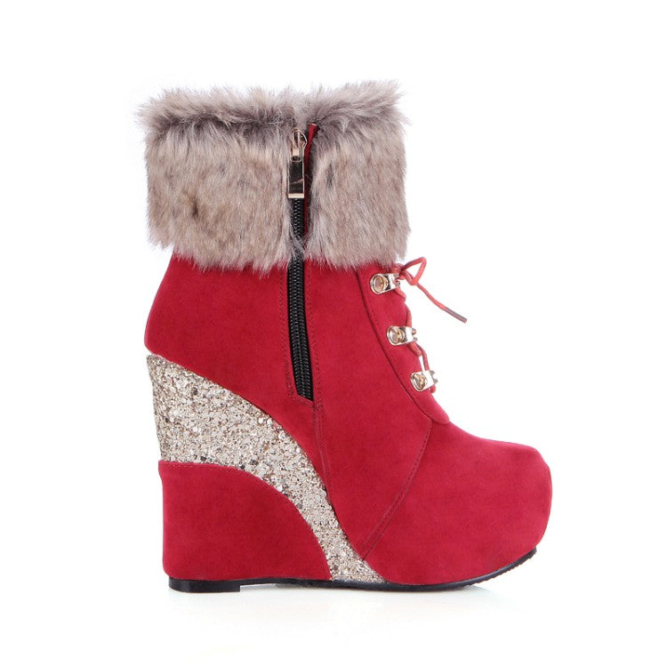 Ladies Flock Sparkling Sequins Wedge Heel Platform Short Boots