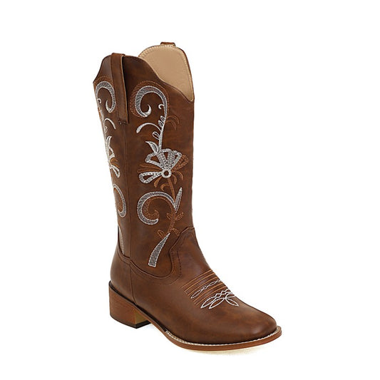 Ladies Embroidery Block Heel Cowboy Mid Calf Boots