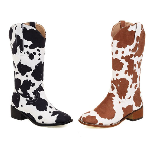 Ladies Printed Block Heel Cowboy Mid Calf Boots