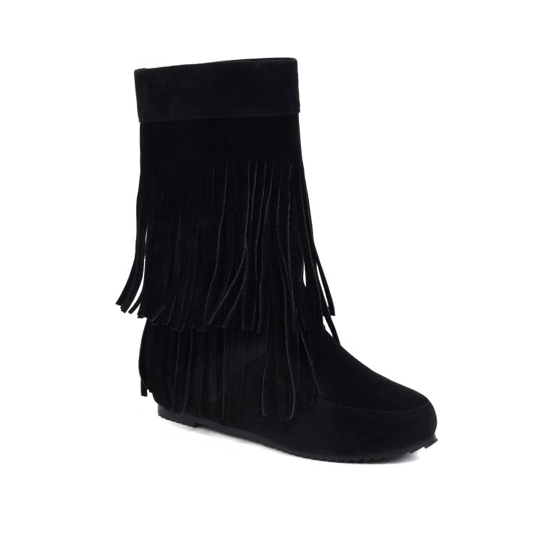 Flock Round Toe Tassel Flat Inside Heighten Mid Calf Boots for Women