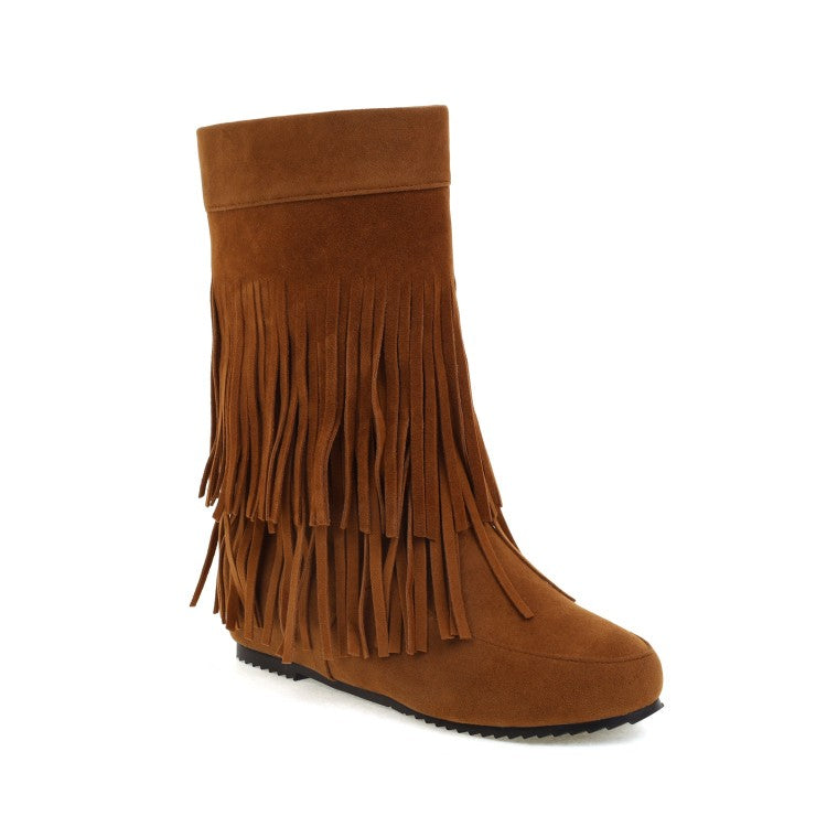 Flock Round Toe Tassel Flat Inside Heighten Mid Calf Boots for Women