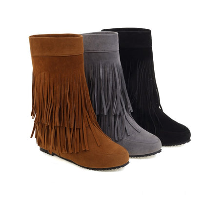 Flock Round Toe Tassel Flat Inside Heighten Mid Calf Boots for Women