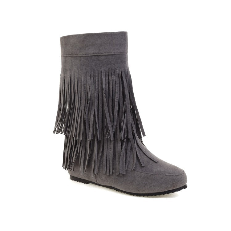 Flock Round Toe Tassel Flat Inside Heighten Mid Calf Boots for Women