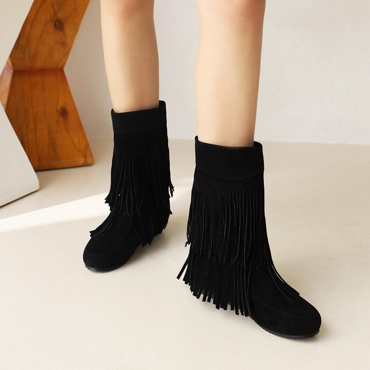 Flock Round Toe Tassel Flat Inside Heighten Mid Calf Boots for Women