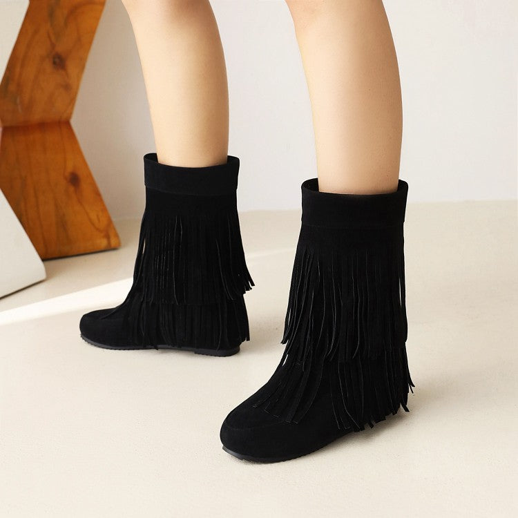 Flock Round Toe Tassel Flat Inside Heighten Mid Calf Boots for Women