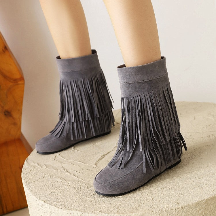 Flock Round Toe Tassel Flat Inside Heighten Mid Calf Boots for Women