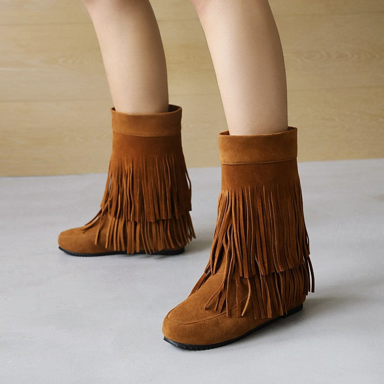 Flock Round Toe Tassel Flat Inside Heighten Mid Calf Boots for Women