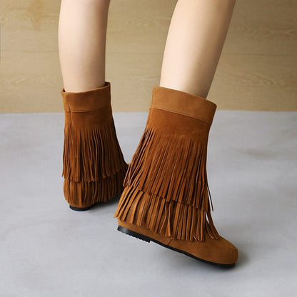 Flock Round Toe Tassel Flat Inside Heighten Mid Calf Boots for Women