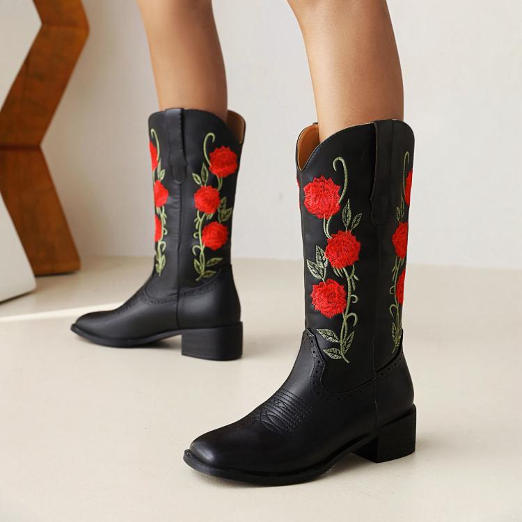 Ladies Embroidery Roses Block Heel Mid Calf Boots