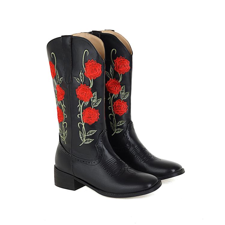 Ladies Embroidery Roses Block Heel Mid Calf Boots