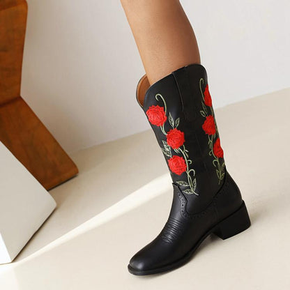 Ladies Embroidery Roses Block Heel Mid Calf Boots