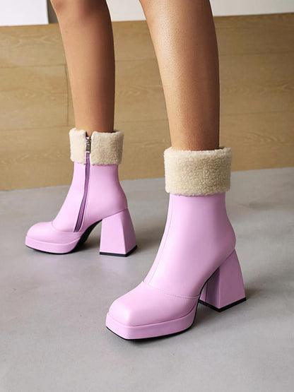 Booties Pu Leather Square Toe Side Zippers Floppy Block Chunky Heel Platform Short Boots for Women