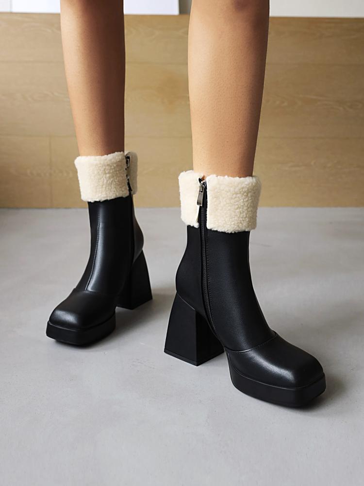 Booties Pu Leather Square Toe Side Zippers Floppy Block Chunky Heel Platform Short Boots for Women