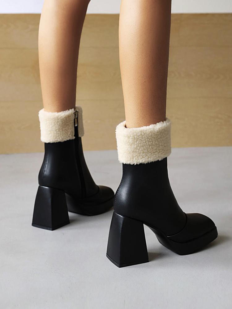 Booties Pu Leather Square Toe Side Zippers Floppy Block Chunky Heel Platform Short Boots for Women