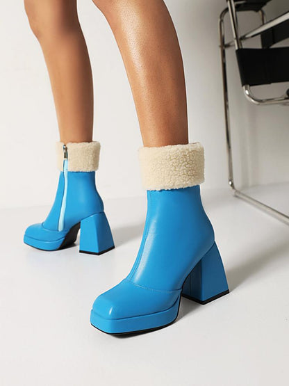 Booties Pu Leather Square Toe Side Zippers Floppy Block Chunky Heel Platform Short Boots for Women